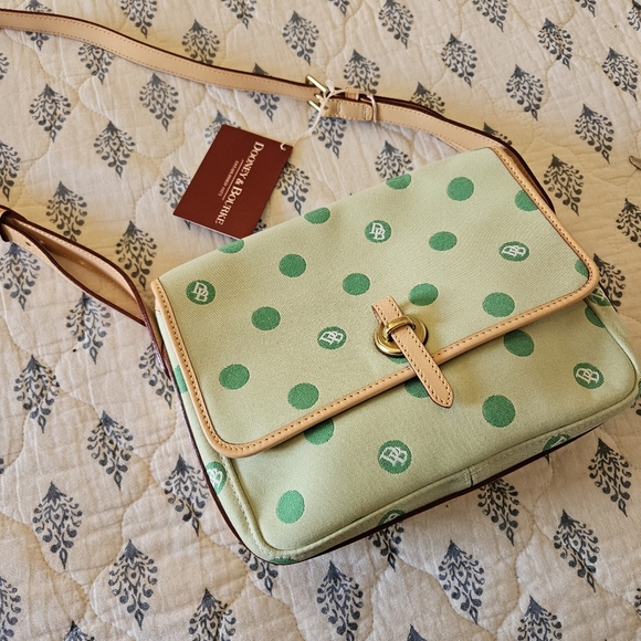 NWT Dooney & Bourke Green Polka Dot Flap Crossbody Canvas Leather Purse - Picture 7 of 14